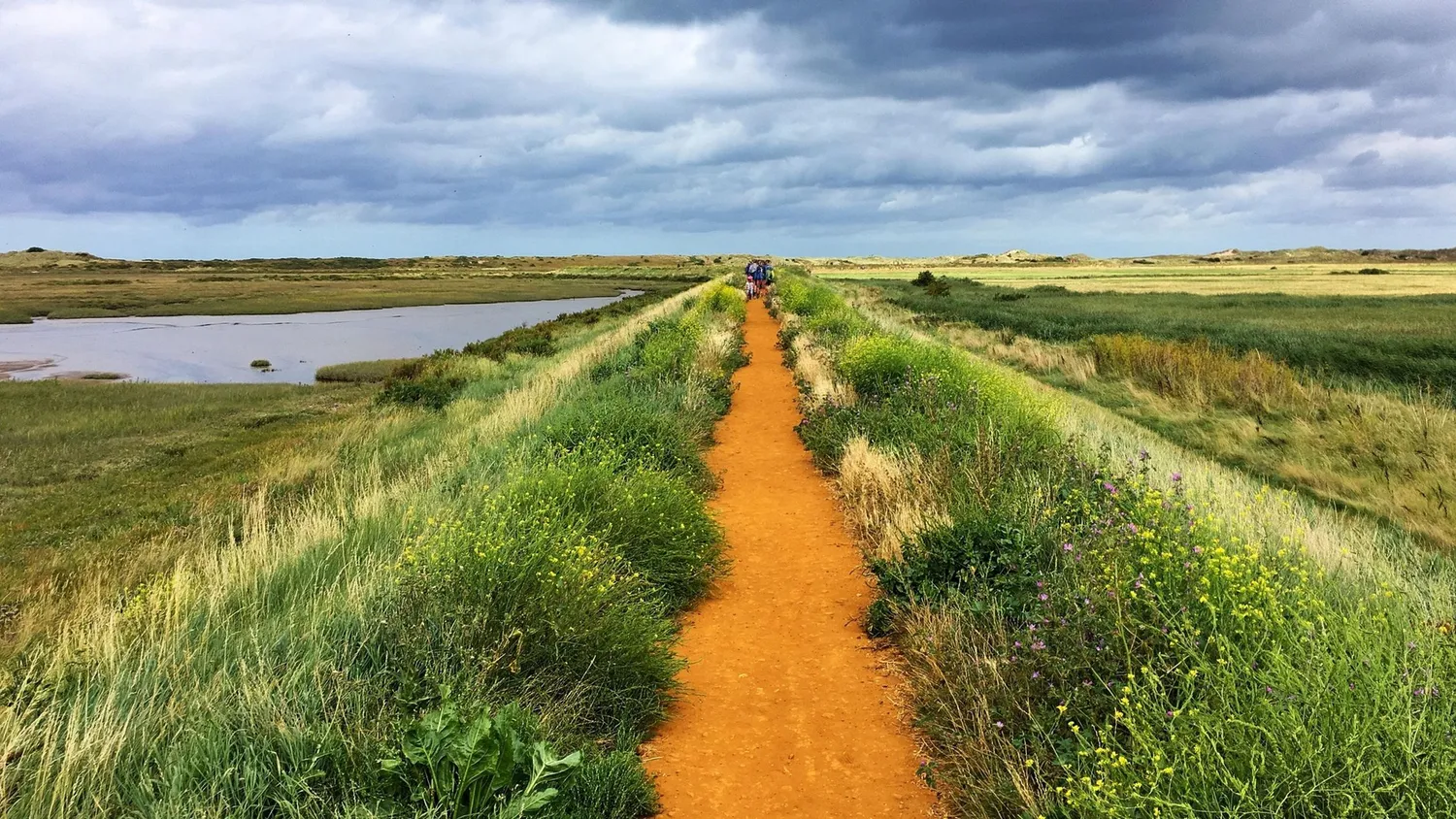 Pathway across flat grassland